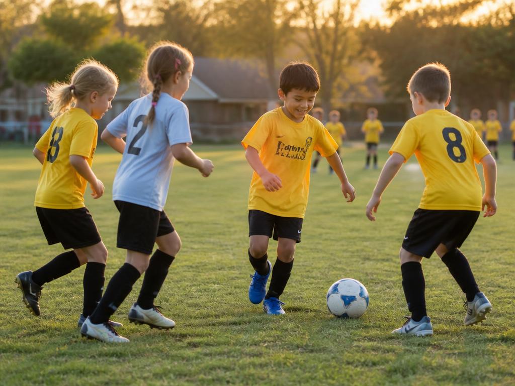 A small group of children playing soccer together on a sunny field
