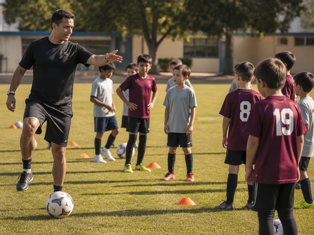 La Doce coach leading an organized soccer session for K-5 students on a school field