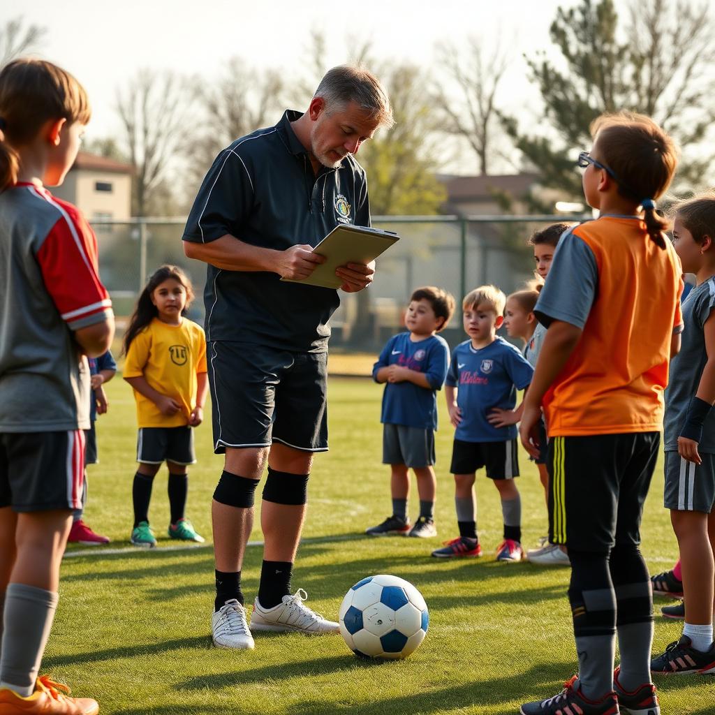 Coach demonstrating a passing technique to attentive young players