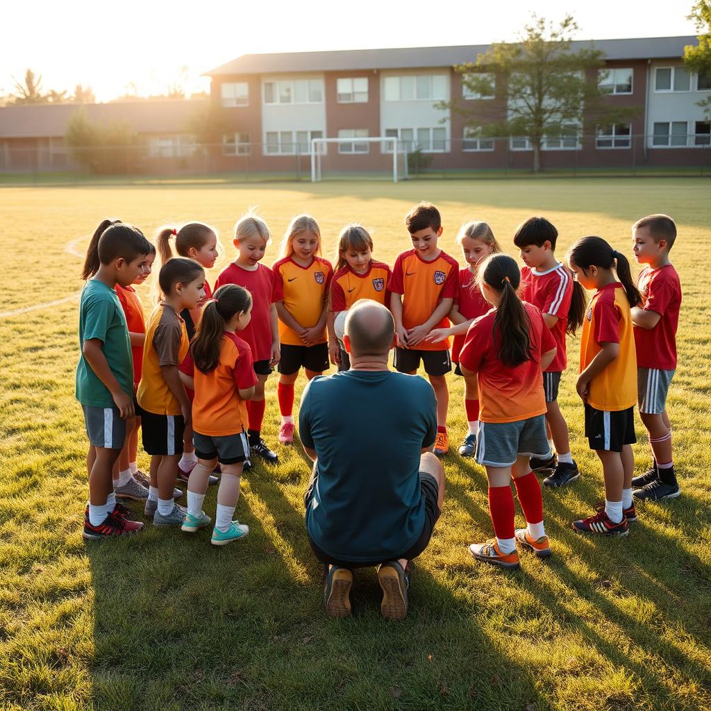 Coach kneeling in a team huddle with young players