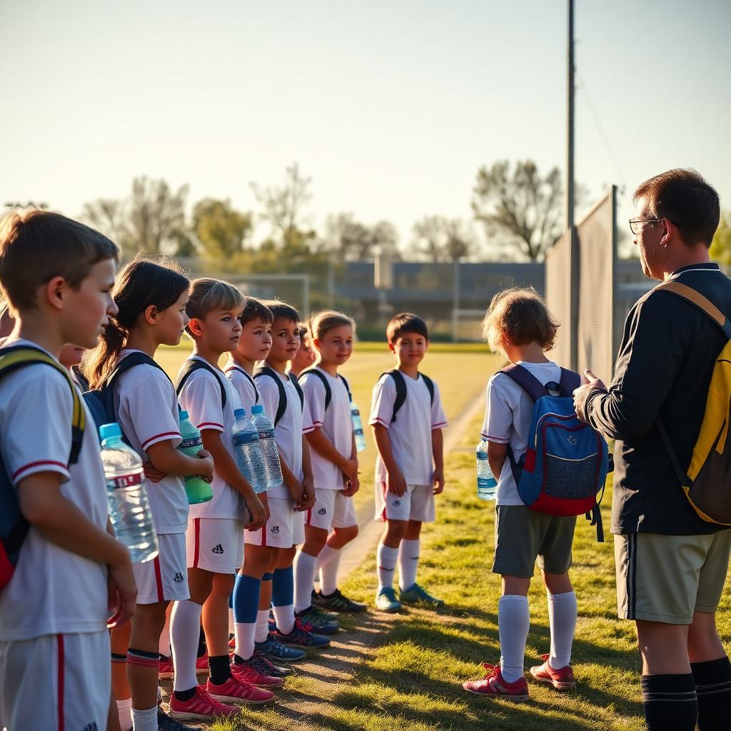 Players lined up with water bottles and backpacks at dismissal
