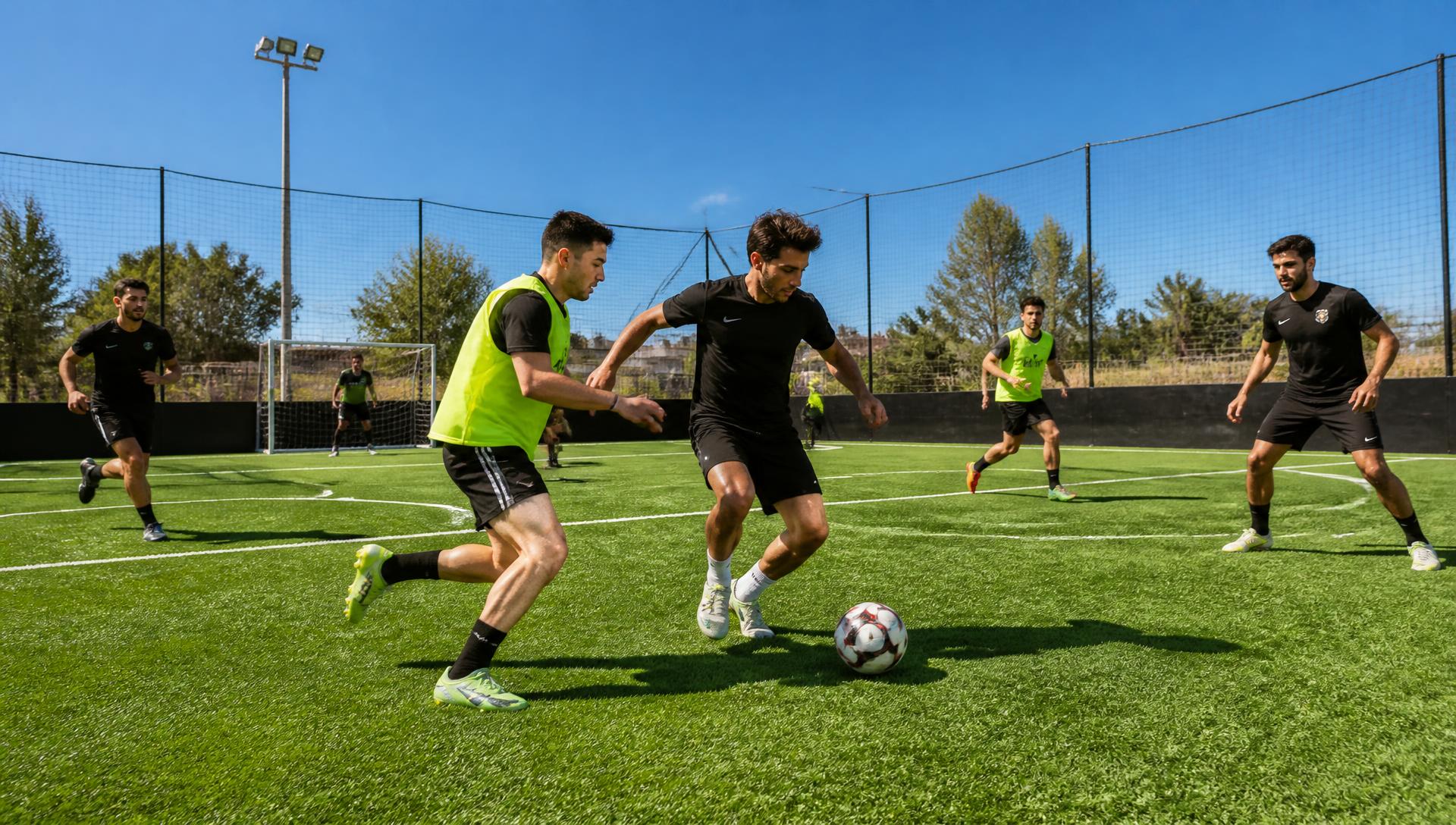 Adult players competing in a small-sided 5v5 turf soccer match in bright natural daylight