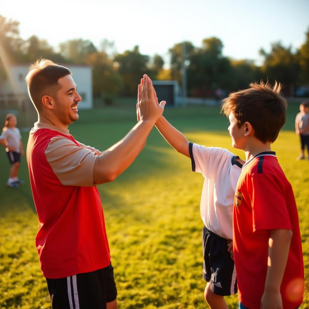 Coach high-fiving a young soccer player after practice